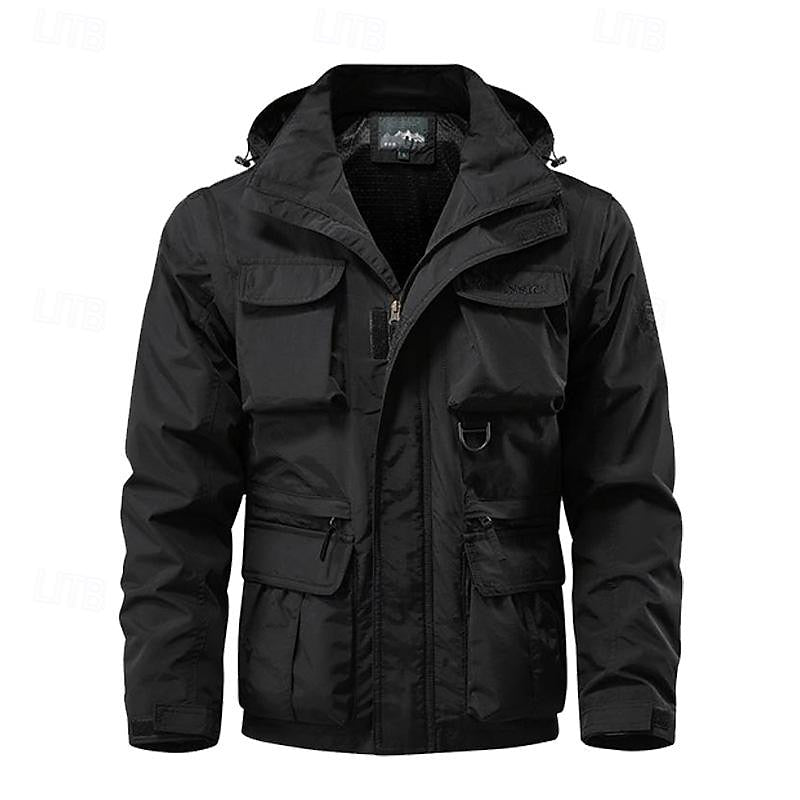 Men's black hooded windbreaker jacket with multiple pockets