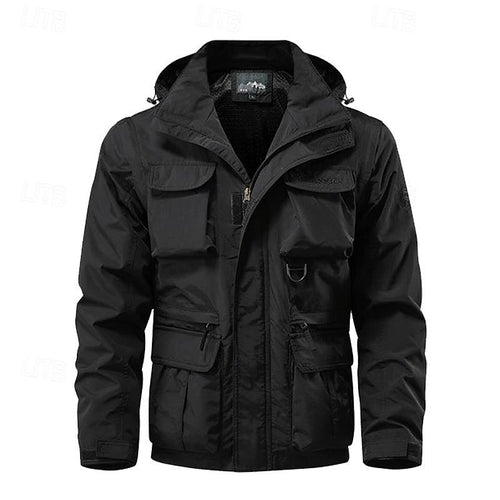 Men's black hooded windbreaker jacket with multiple pockets