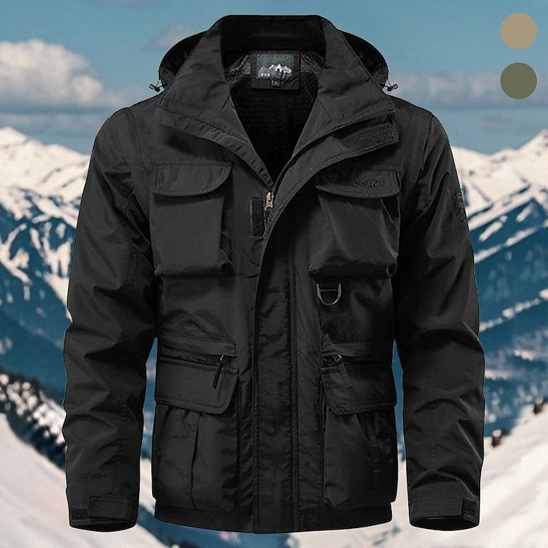 Men's black hooded windbreaker jacket with multiple pockets