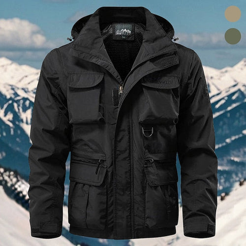 Men's black hooded windbreaker jacket with multiple pockets