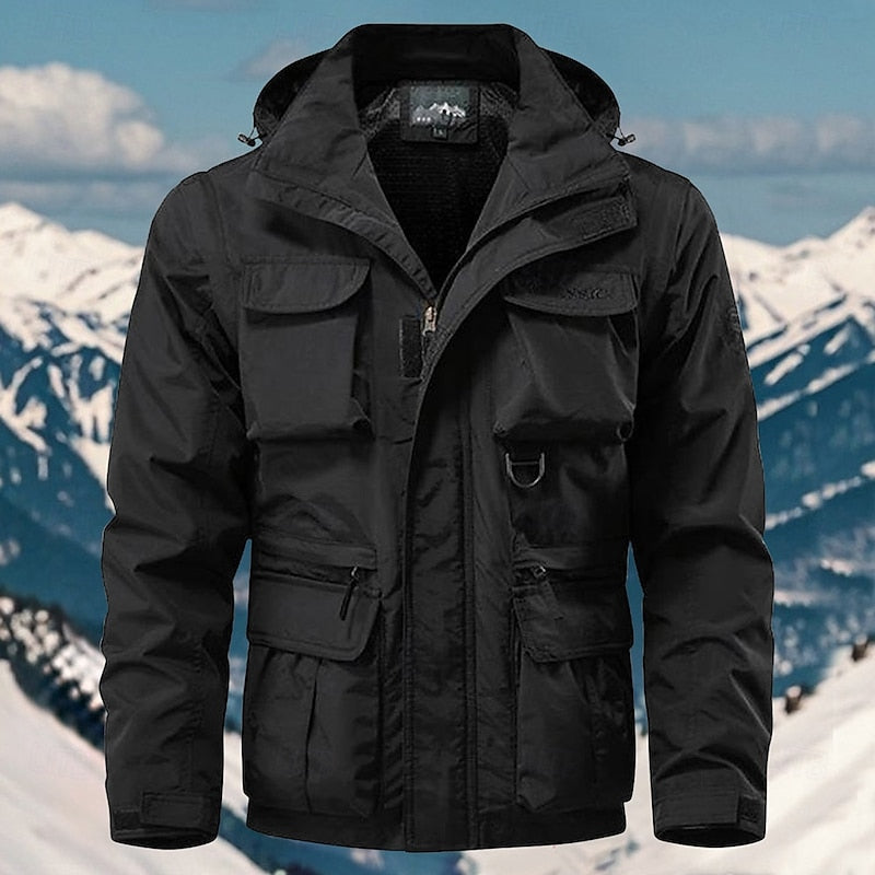 Men's black hooded windbreaker jacket with multiple pockets
