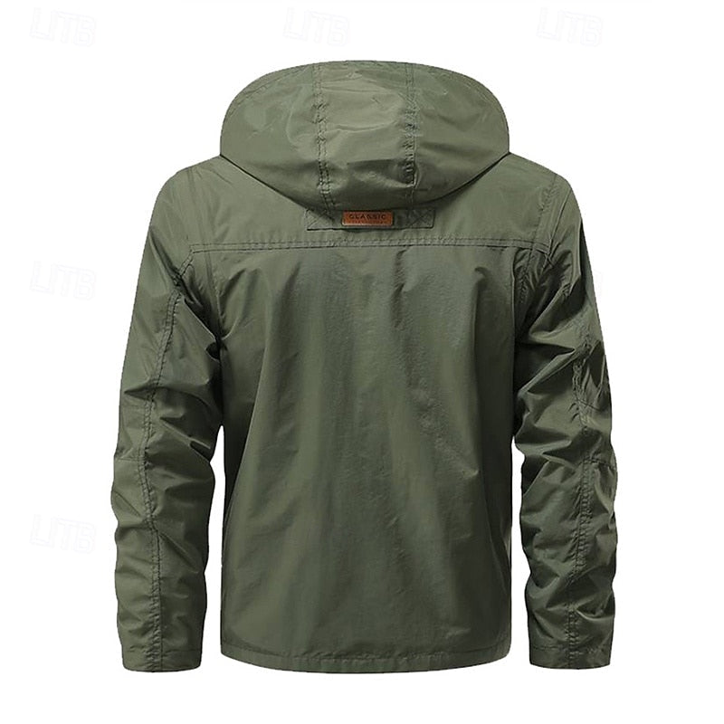 Men's army green hooded windbreaker jacket with multiple pockets