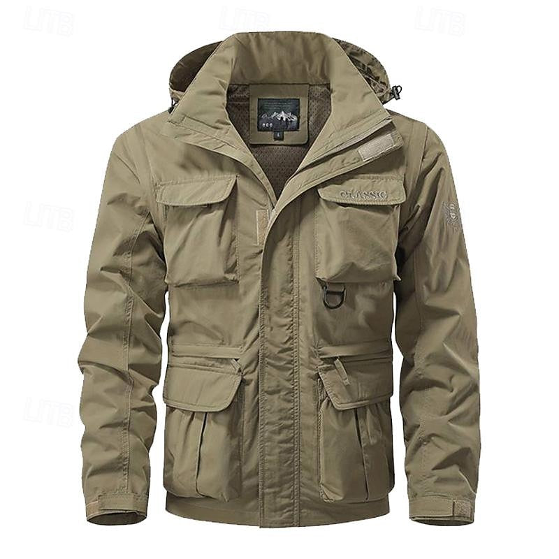Men's khaki hooded windbreaker jacket with multiple pockets