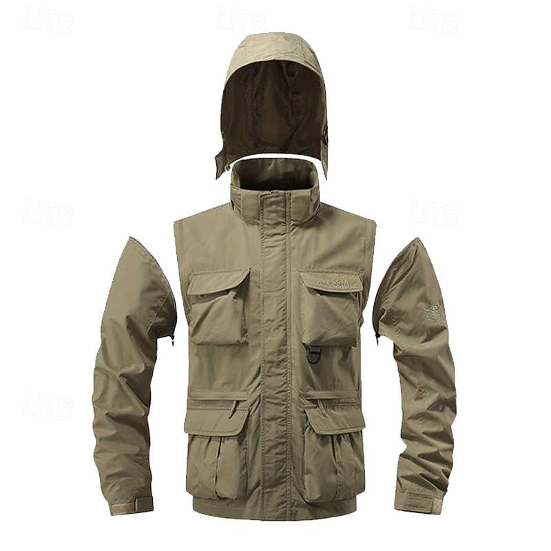 Men's khaki hooded windbreaker jacket with multiple pockets