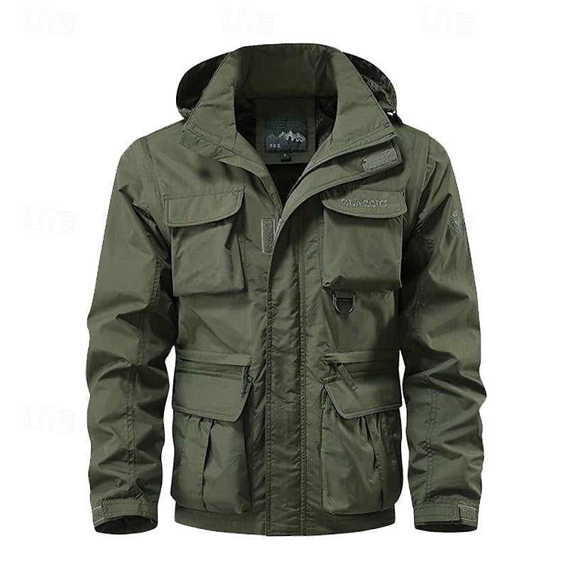 Men's khaki hooded windbreaker jacket with multiple pockets