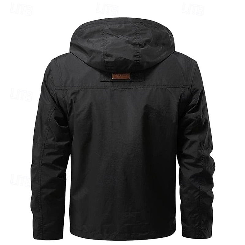 Men's khaki hooded windbreaker jacket with multiple pockets