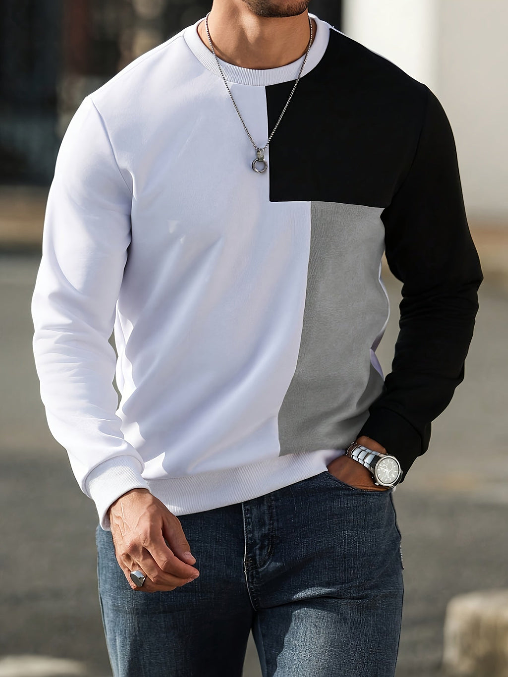 Men's color-block crewneck sweatshirt with ribbed cuffs and hem