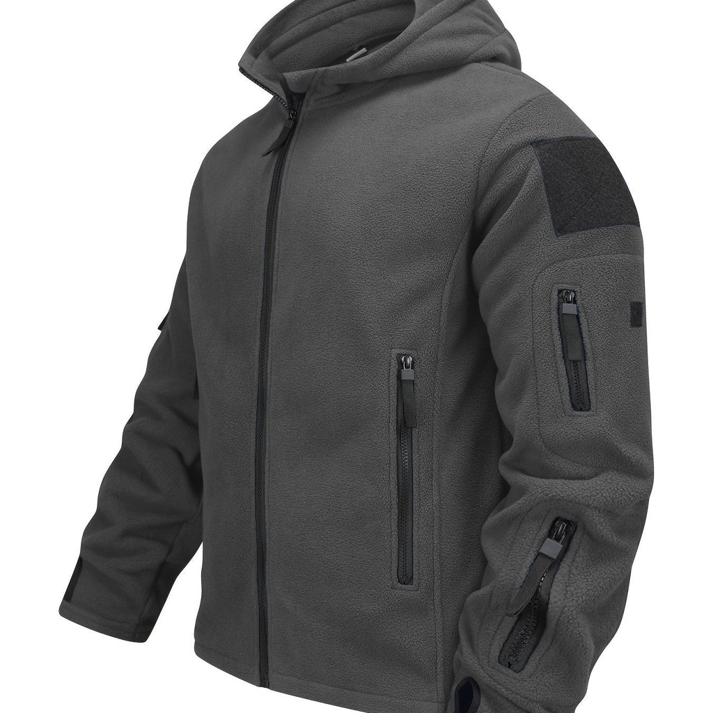 Men's insulated hooded zip jacket with chest and sleeve pockets