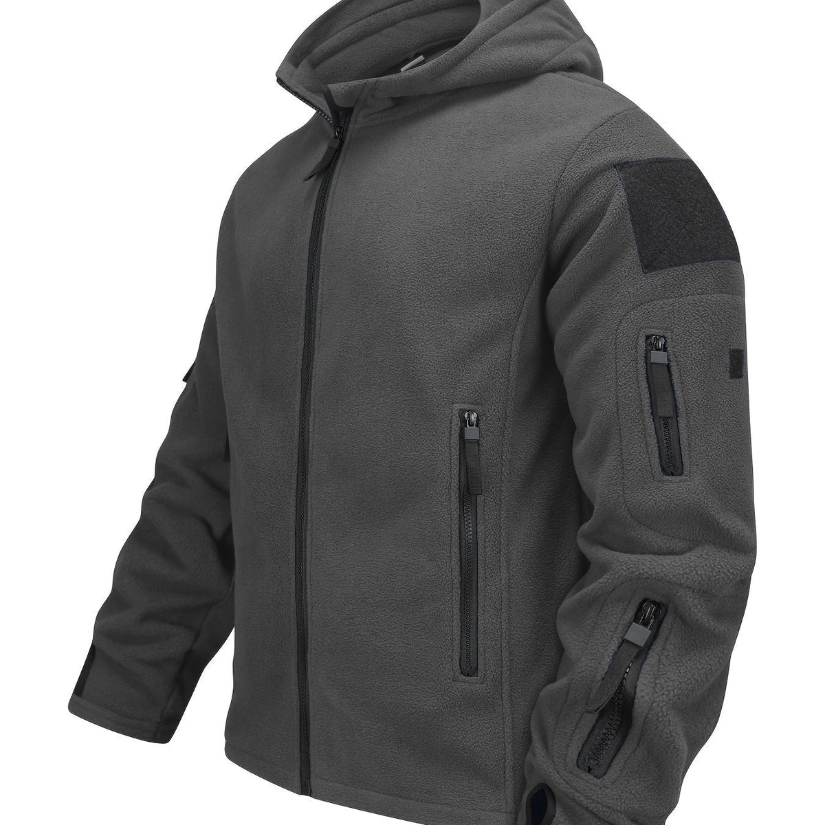 Men's insulated hooded zip jacket with chest and sleeve pockets
