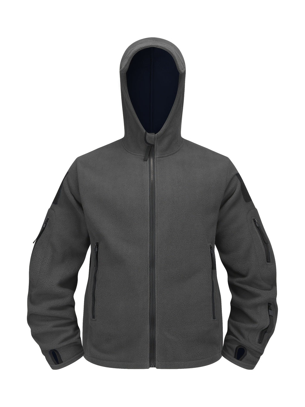 Men's insulated hooded zip jacket with chest and sleeve pockets