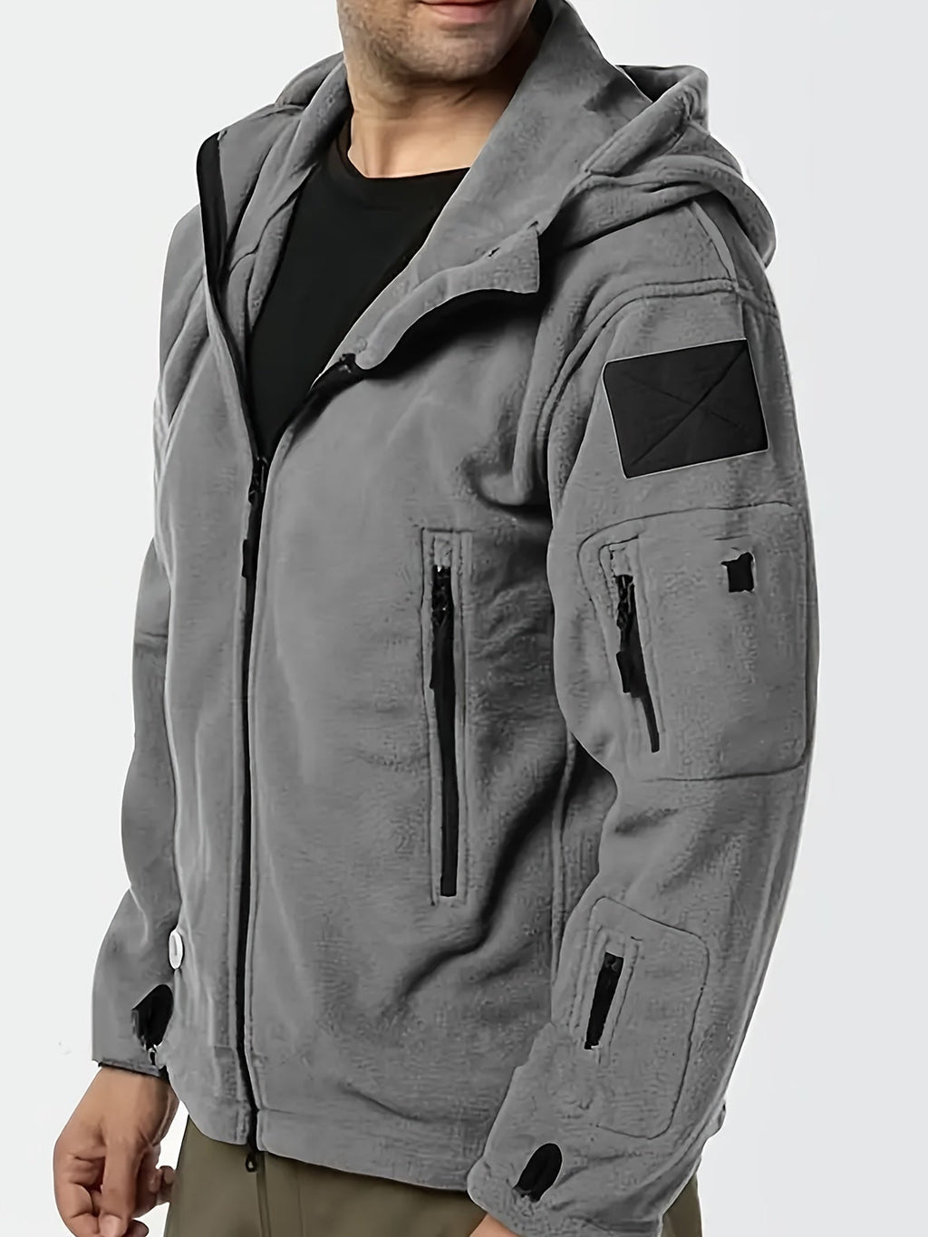 Men's insulated hooded zip jacket with chest and sleeve pockets