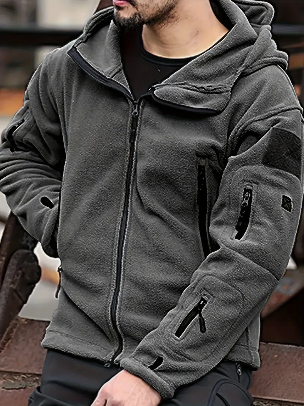 Men's insulated hooded zip jacket with chest and sleeve pockets
