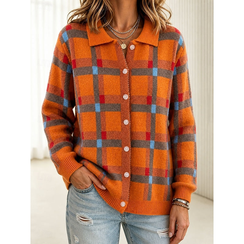 Women's orange plaid cardigan with a button-front and collar