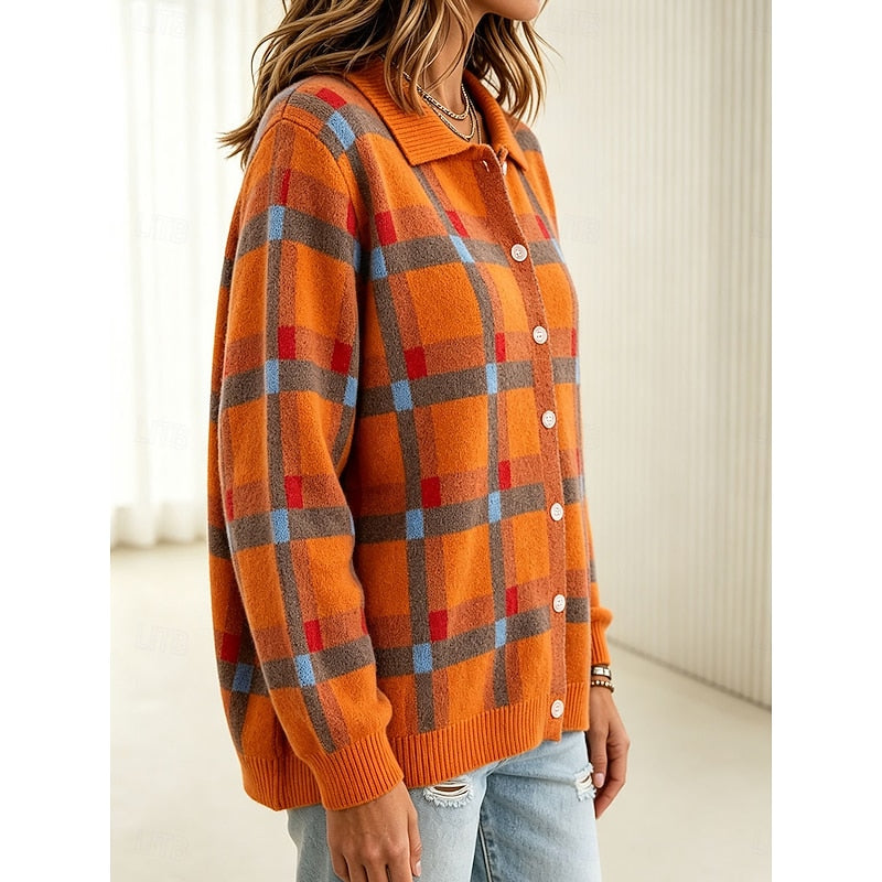 Side view of the orange plaid cardigan's button-front closure