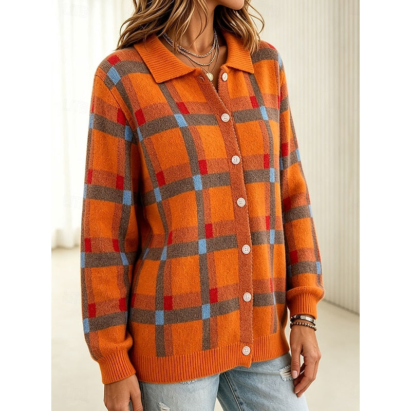 Women's khaki plaid cardigan with a button-front collar