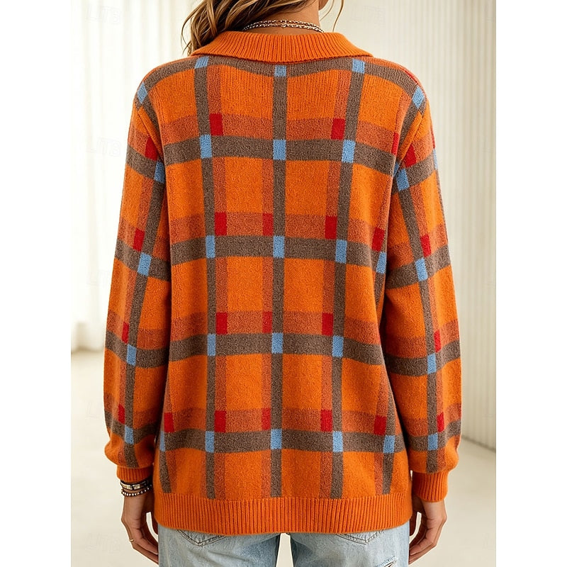 Back view of the orange plaid cardigan's knit pattern