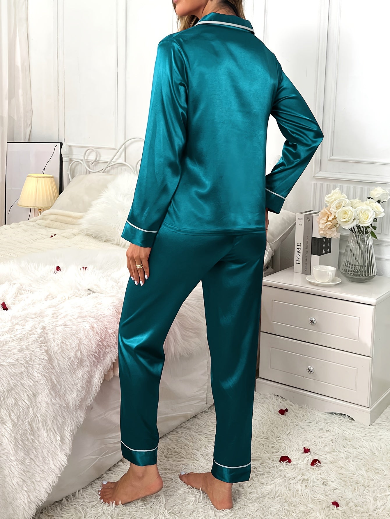 Women's long-sleeve two-piece button-up pajama set with a chest pocket