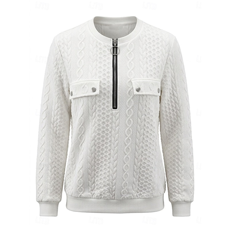 Women's cable-knit quarter-zip pullover with flap chest pockets