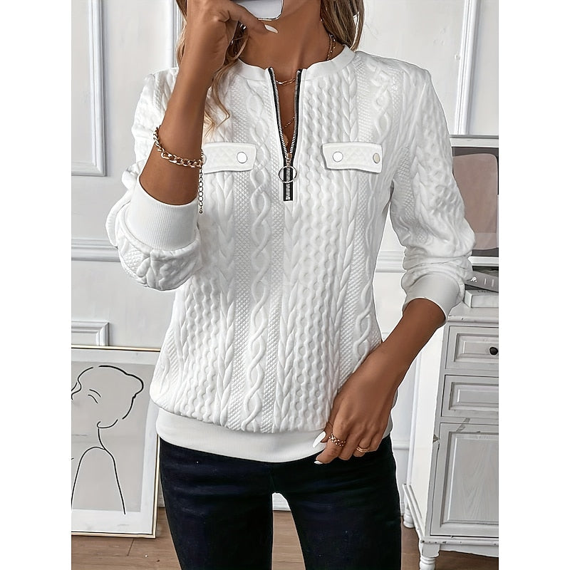 Close-up of the cable-knit quarter-zip pullover's zip and pockets