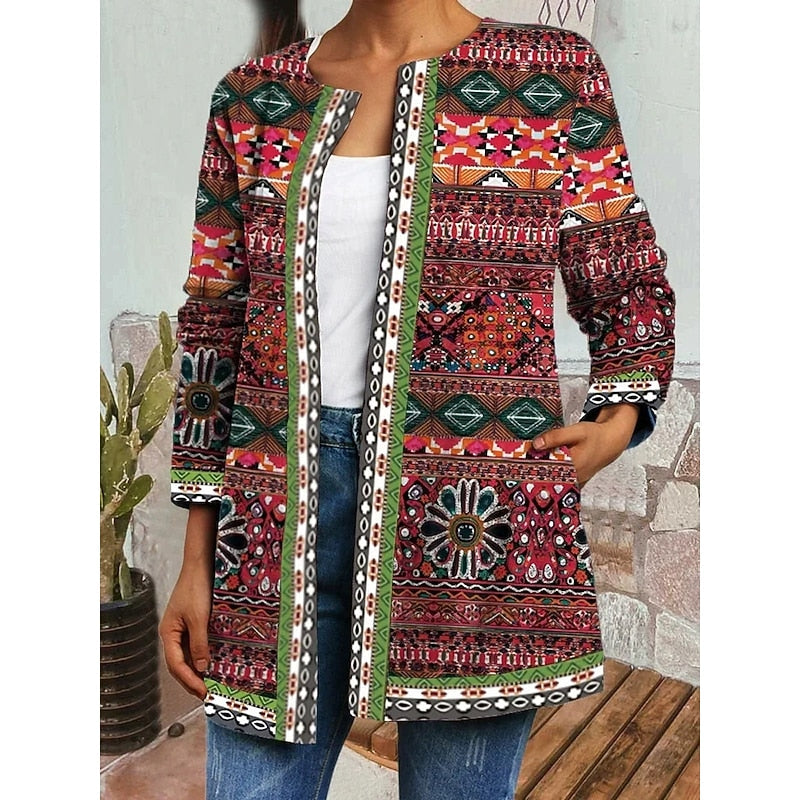 Women's green patterned duster jacket with an open-front silhouette