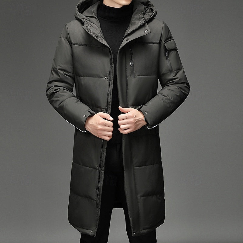 Men's long insulated hooded winter coat with adjustable hood