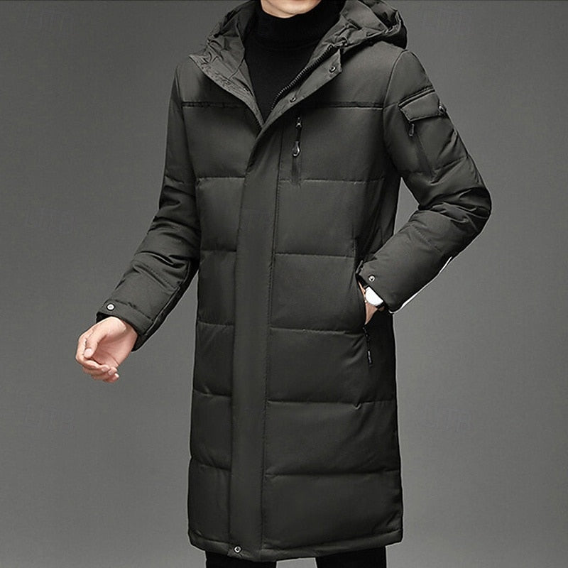 Men's long insulated hooded winter coat with adjustable hood