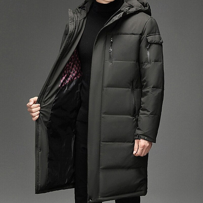 Men's long insulated hooded winter coat with adjustable hood