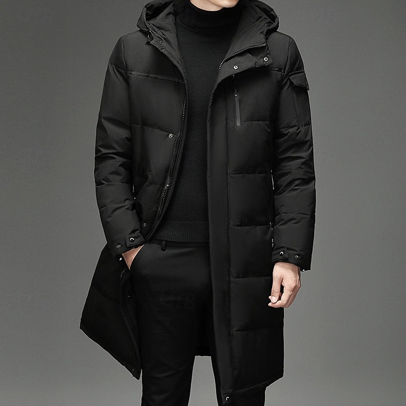 Men's long insulated hooded winter coat with adjustable hood