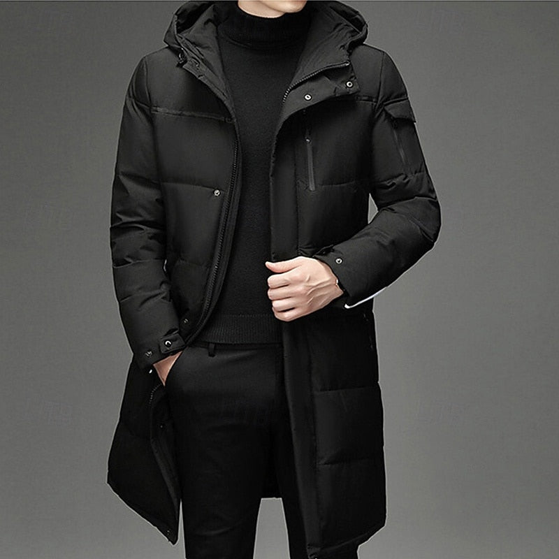 Men's long insulated hooded winter coat with adjustable hood