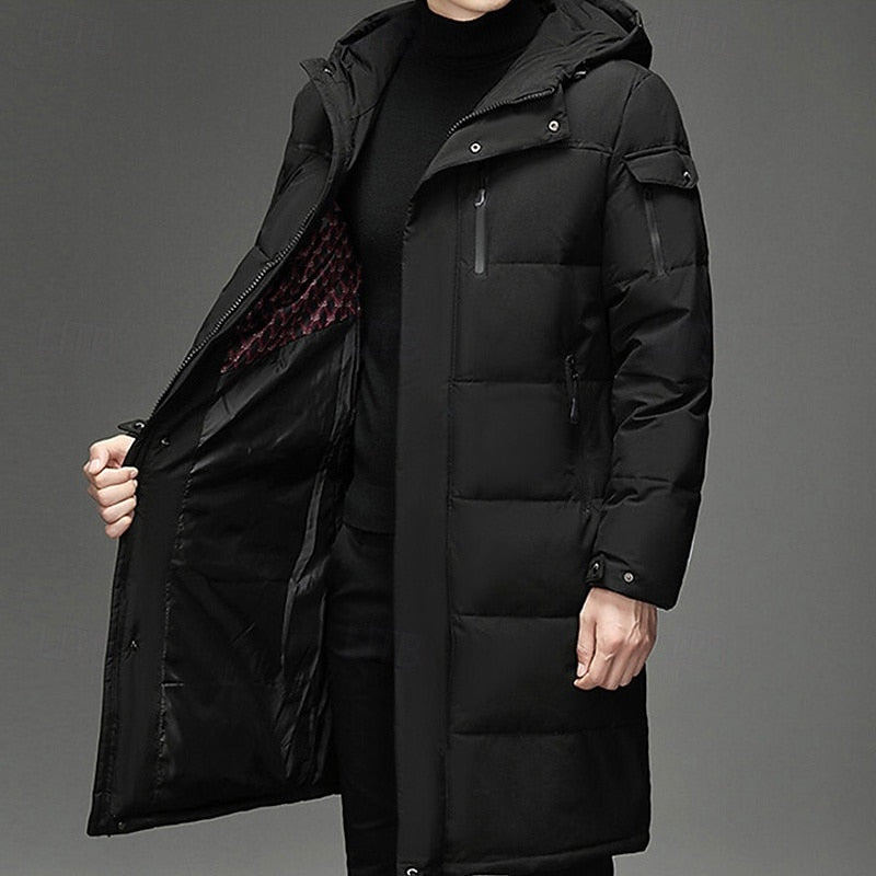 Men's long insulated hooded winter coat with adjustable hood