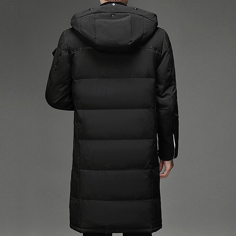 Men's long insulated hooded winter coat with adjustable hood