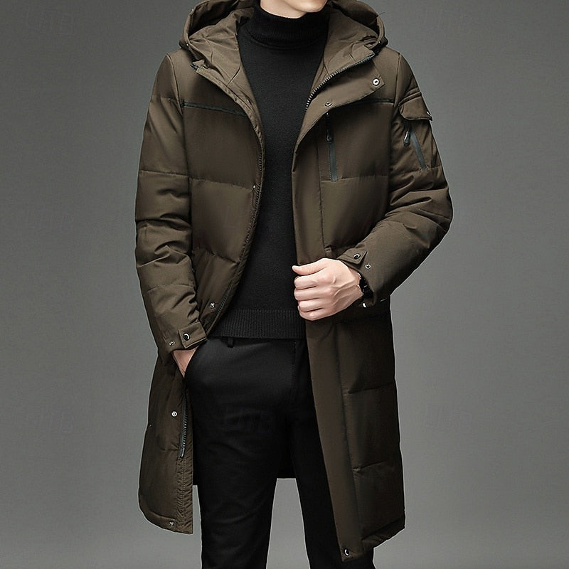 Men's long insulated hooded winter coat with adjustable hood