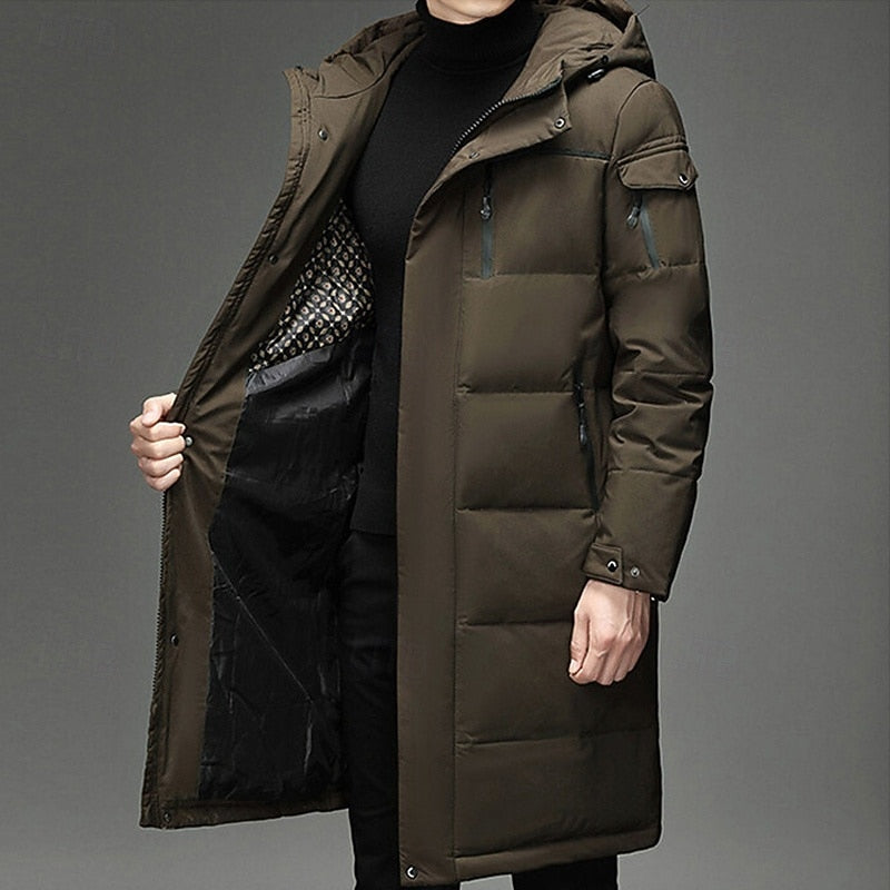 Men's long insulated hooded winter coat with adjustable hood