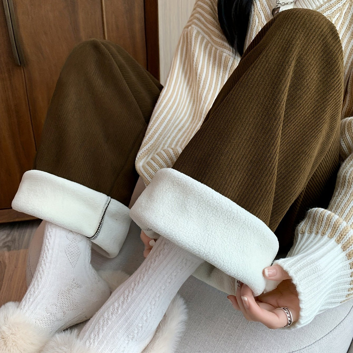Women's ginger wide-leg lounge pants with a soft, cozy lining