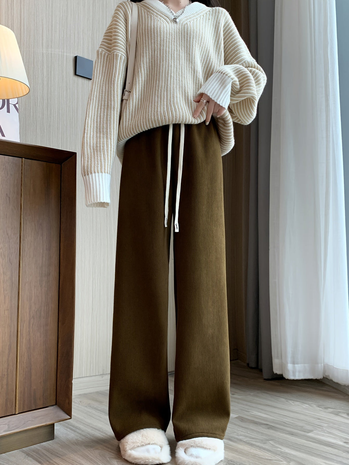 Women's ginger wide-leg lounge pants with a soft, cozy lining
