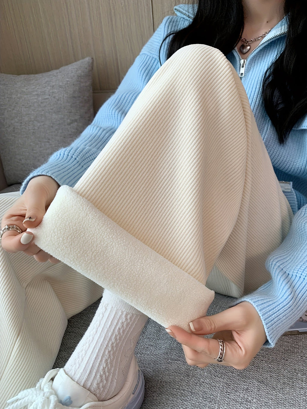 Women's ivory white wide-leg lounge pants with soft lining