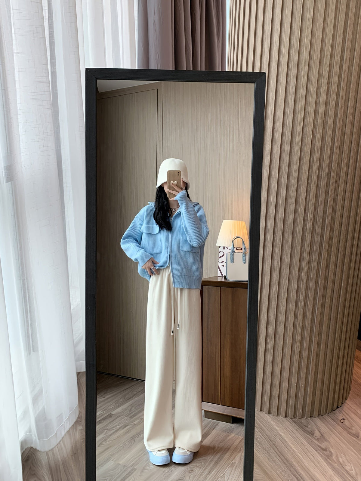 Women's ivory white wide-leg lounge pants with soft lining