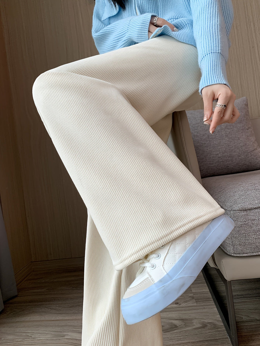 Women's ivory white wide-leg lounge pants with soft lining