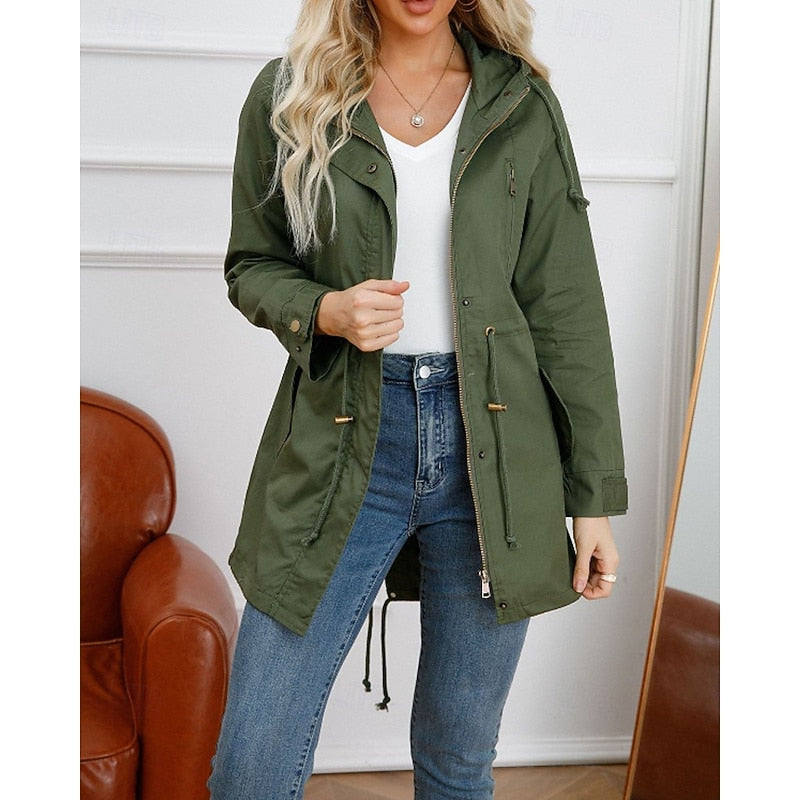 Women's hooded utility coat with an adjustable drawstring waist