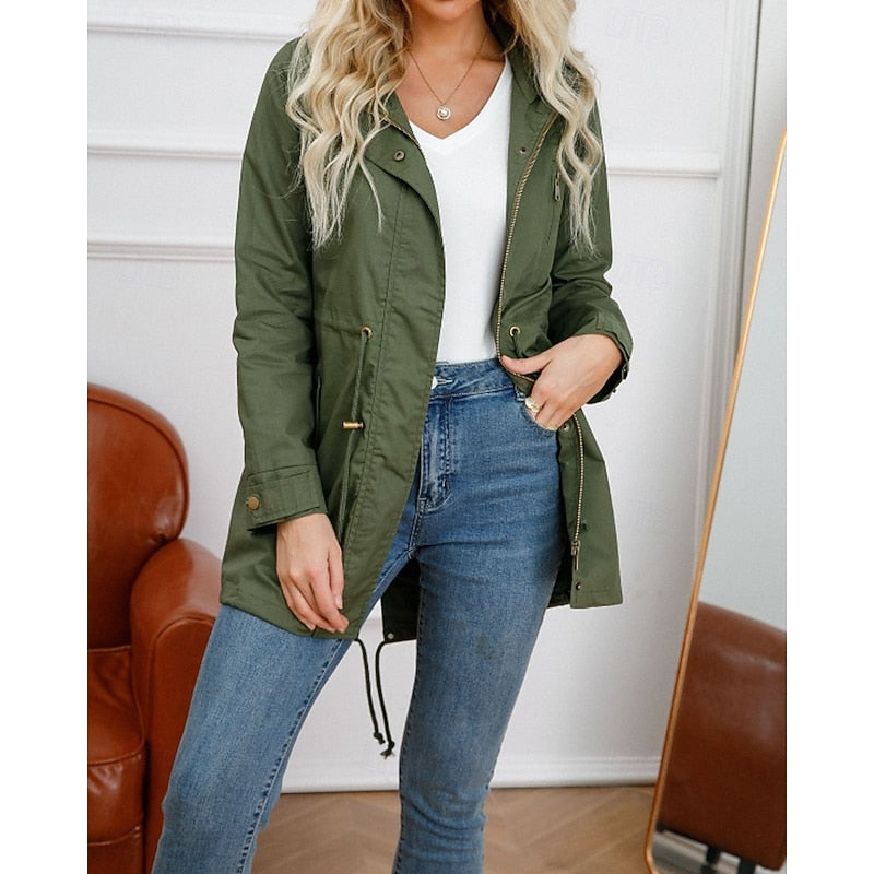 Women's hooded utility coat with an adjustable drawstring waist