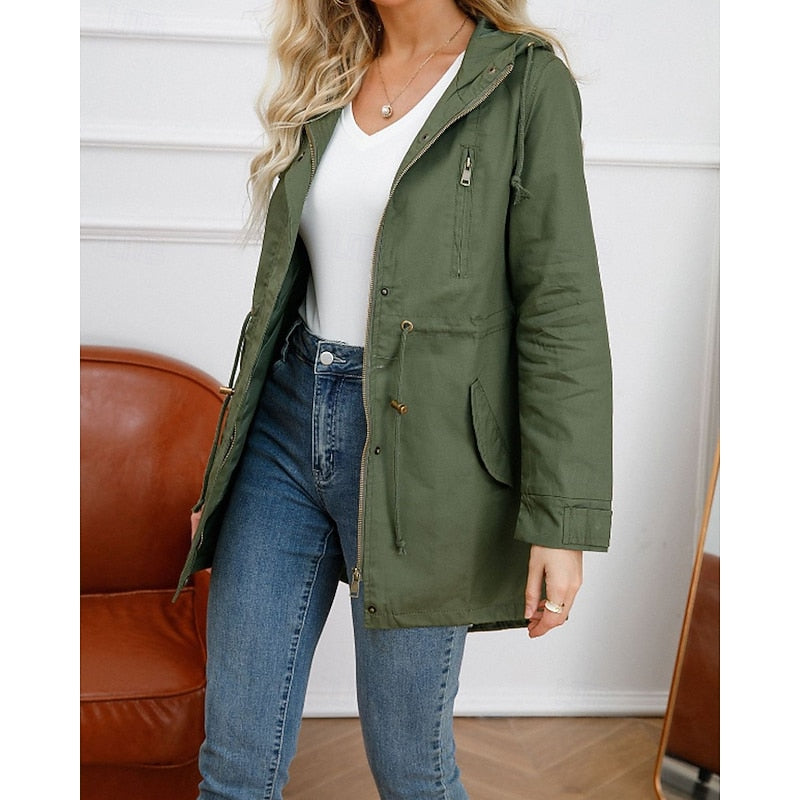 Women's hooded utility coat with an adjustable drawstring waist