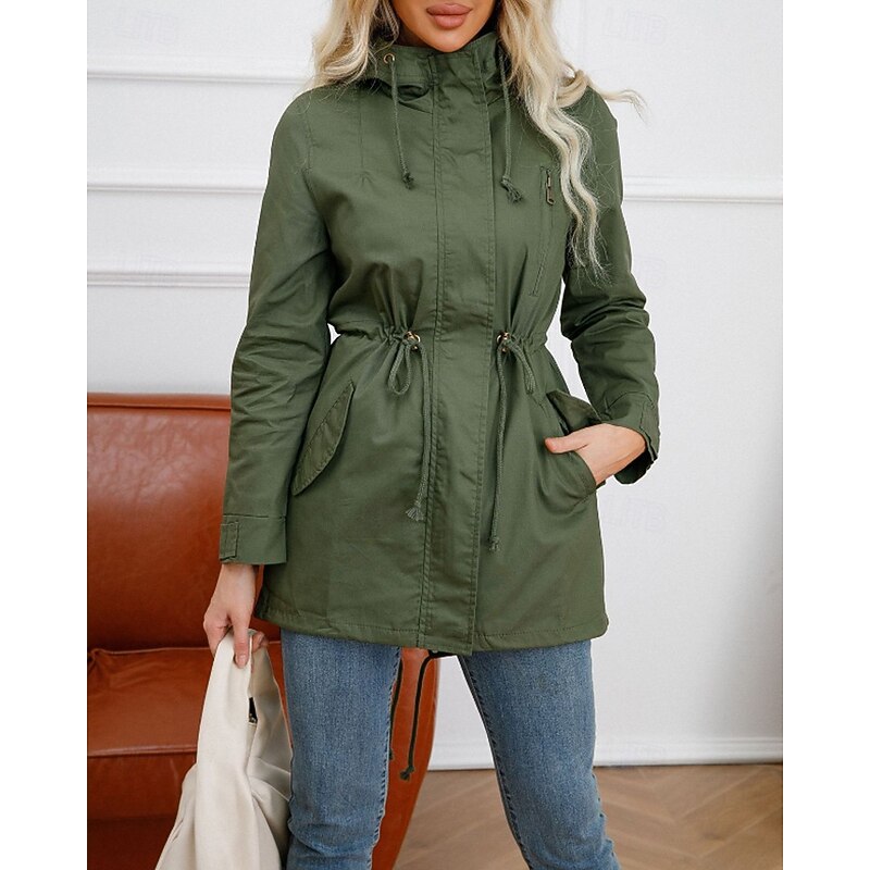 Women's hooded utility coat with an adjustable drawstring waist