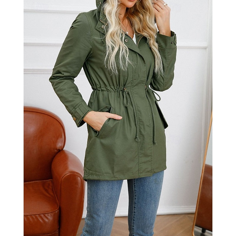 Women's hooded utility coat with an adjustable drawstring waist