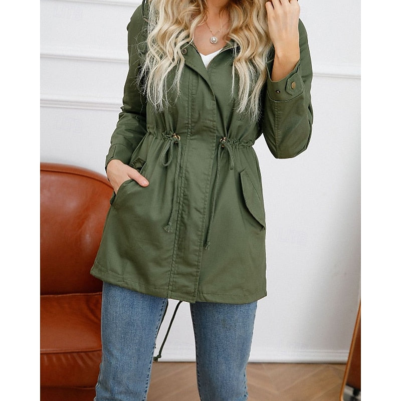 Women's hooded utility coat with an adjustable drawstring waist