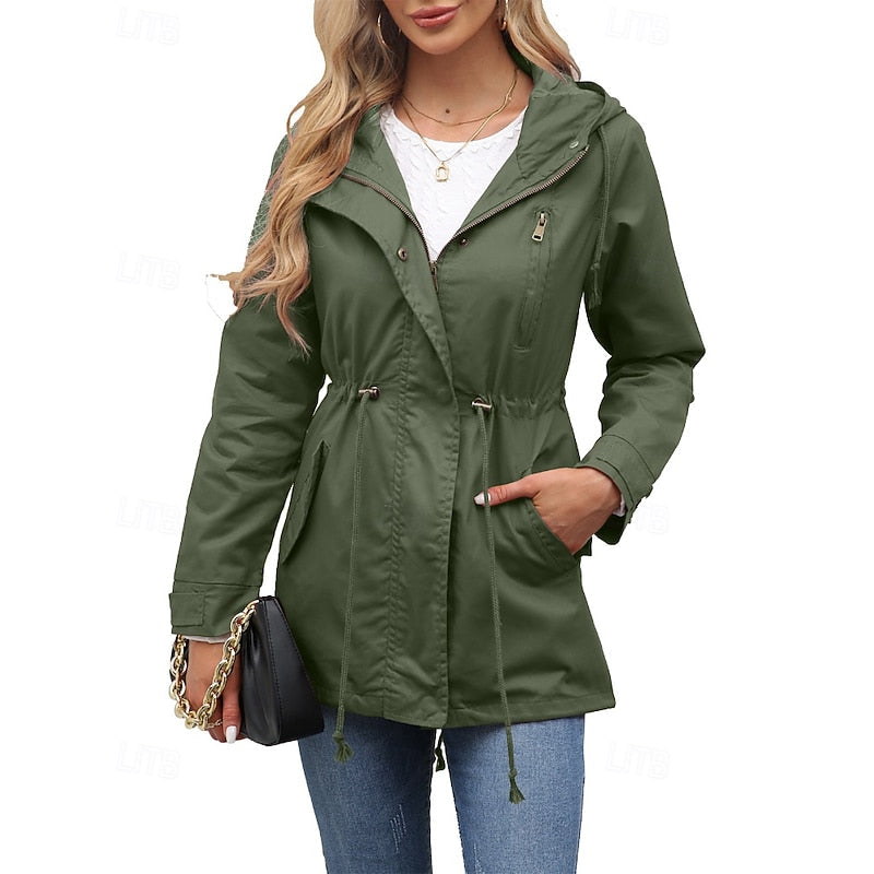 Women's hooded utility coat with an adjustable drawstring waist