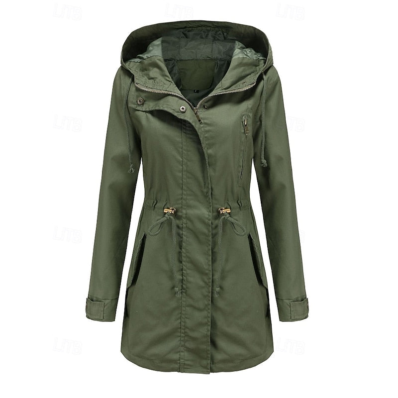 Women's hooded utility coat with an adjustable drawstring waist