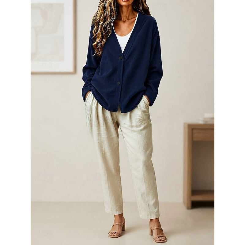 Women's navy blue relaxed-fit V-neck button cardigan