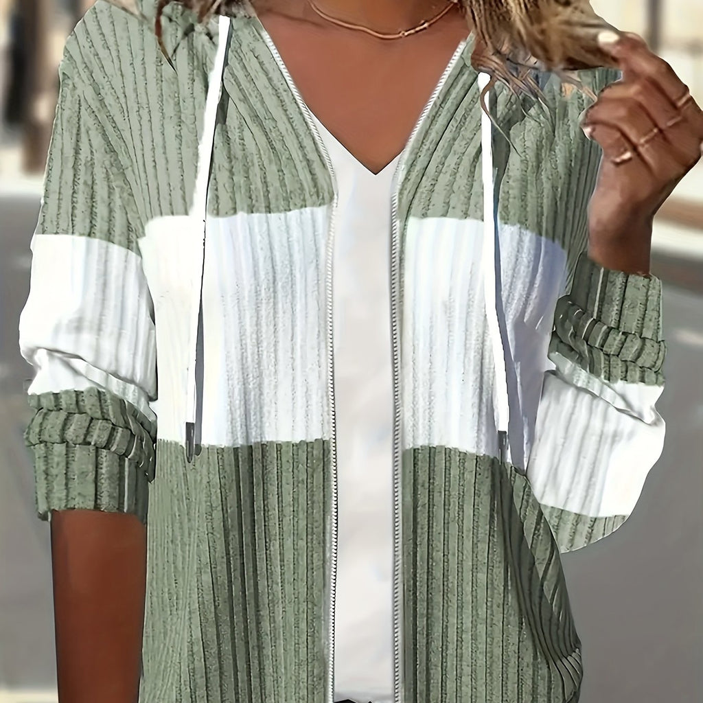Women's light green and white color-block ribbed zip-up hoodie