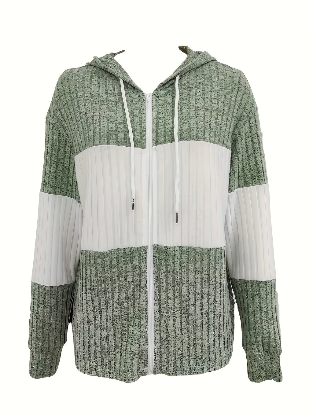 Women's light green and white color-block ribbed zip-up hoodie
