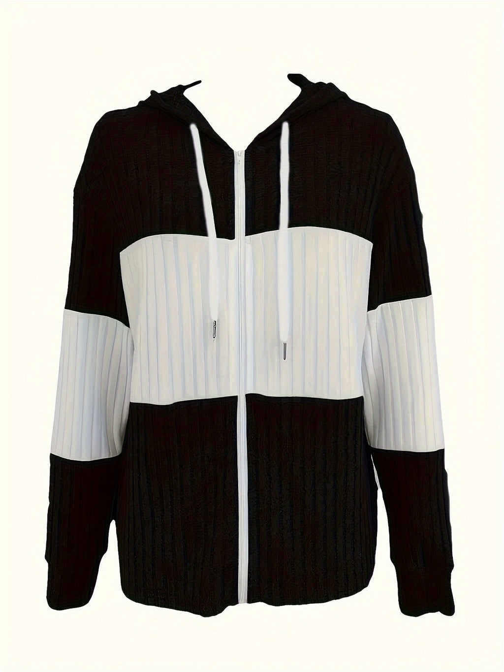 Women's black and white color-block ribbed zip-up hoodie